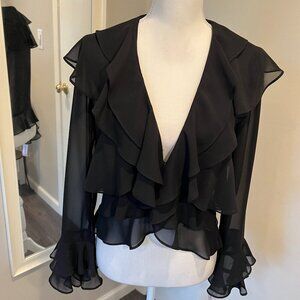 NWT dressbarn Collection Black Sheer Ruffle Evening Jacket, Size Small
